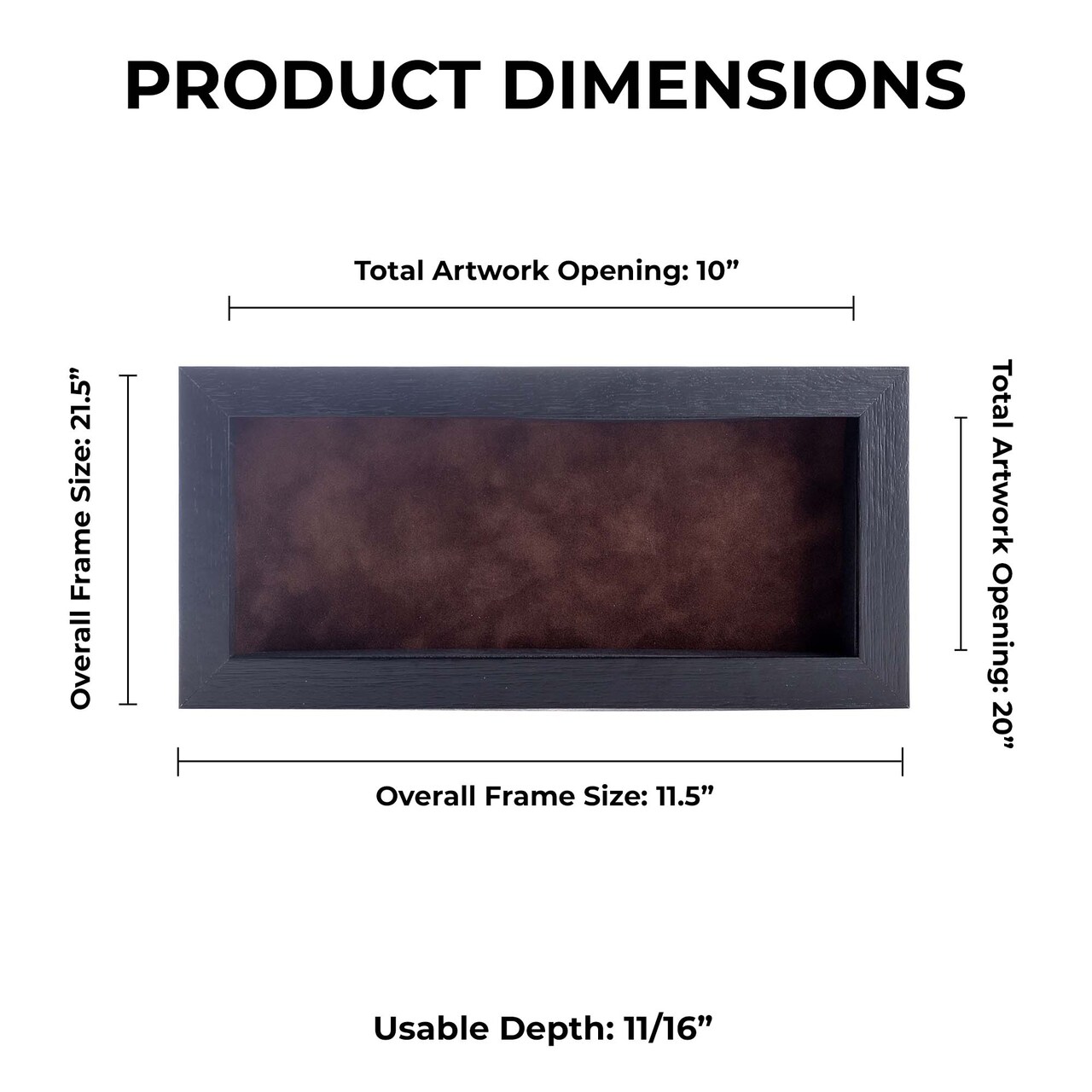 Black Wood Grain Shadow Box Frame with Acrylic Front - Brown Suede Backing, 30 Sizes